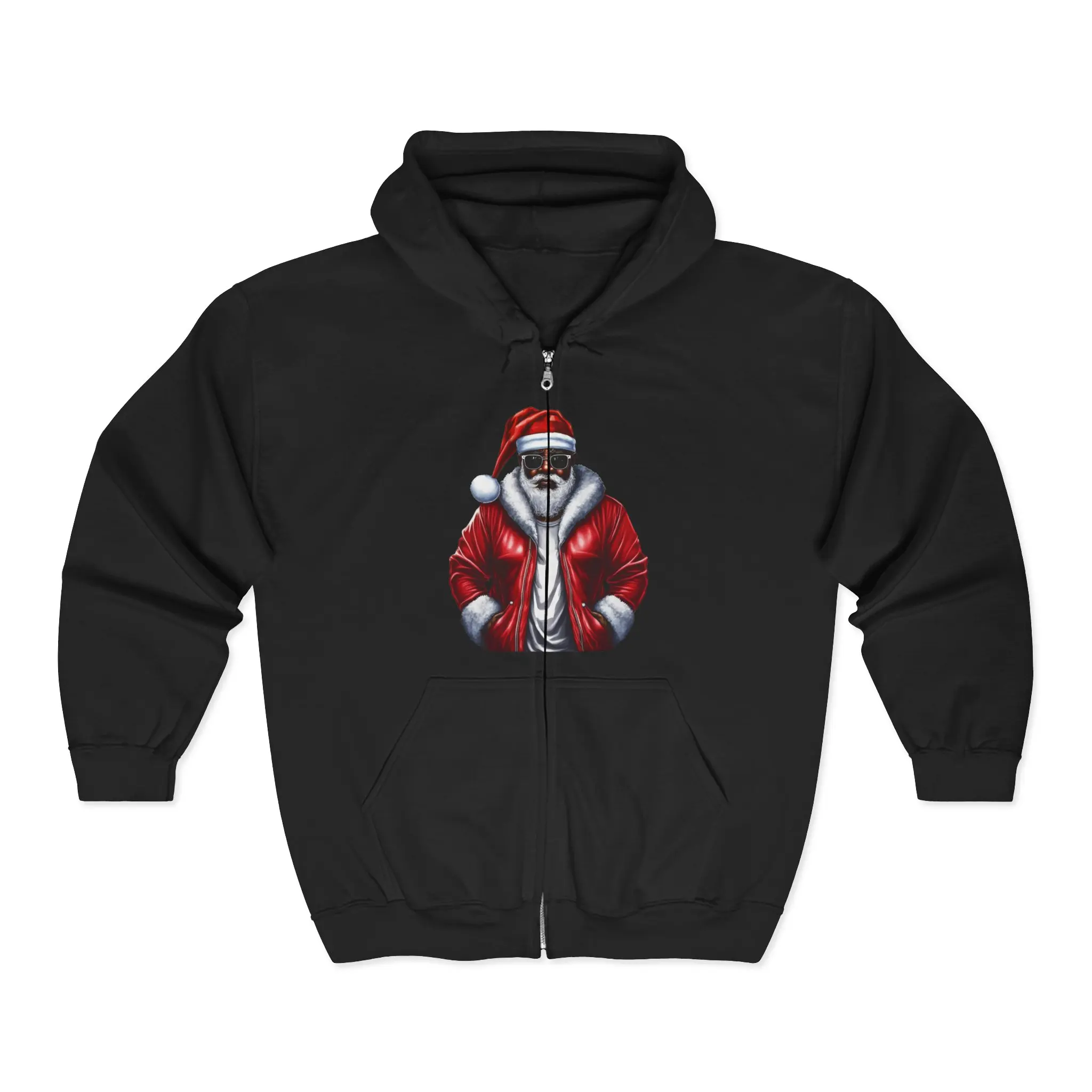 Cool Black Santa Zip Up Hoodie, Christmas Zip Up Hoodie, Holiday Santa Hoodie, Festive Zip Up Sweatshirt, Unique Santa Claus Hoodie