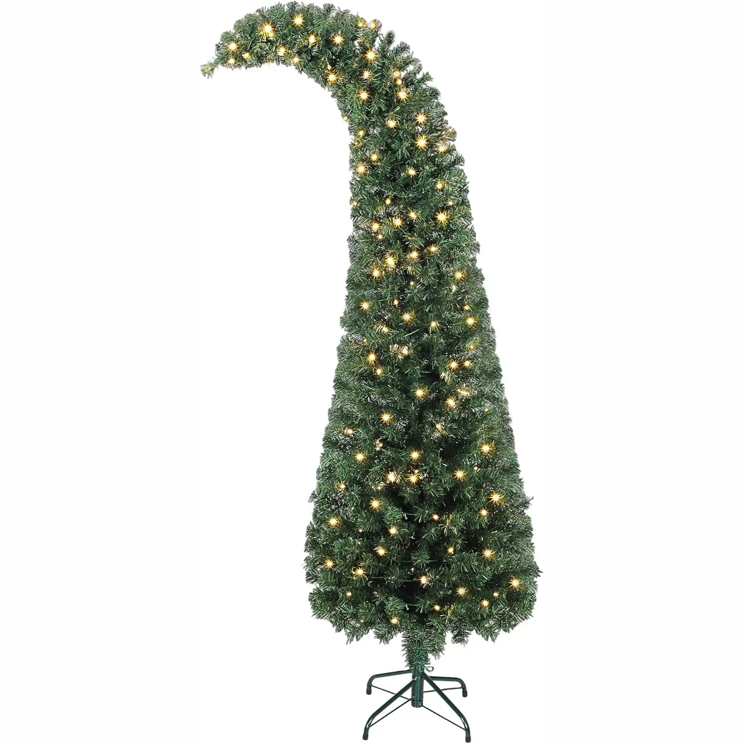 7 ft Prelit Whimsical Christmas Tree, Slim High Mountain Fir Holiday Decor with 300 Warm White LEDs and 8 Modes, Xmas Tree with 777 Tips and Metal Stand for Home Office, Green，Christmas tree