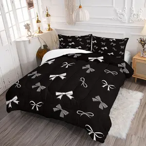 2/3Pcs Black White Bow Comforter Set, Cute Bowknot Quilt, Soft Microfiber Bedding Set with Pillow Covers (No Pillow Inserts), Elegant Bow Themed Bed Set for Girls Bedroom