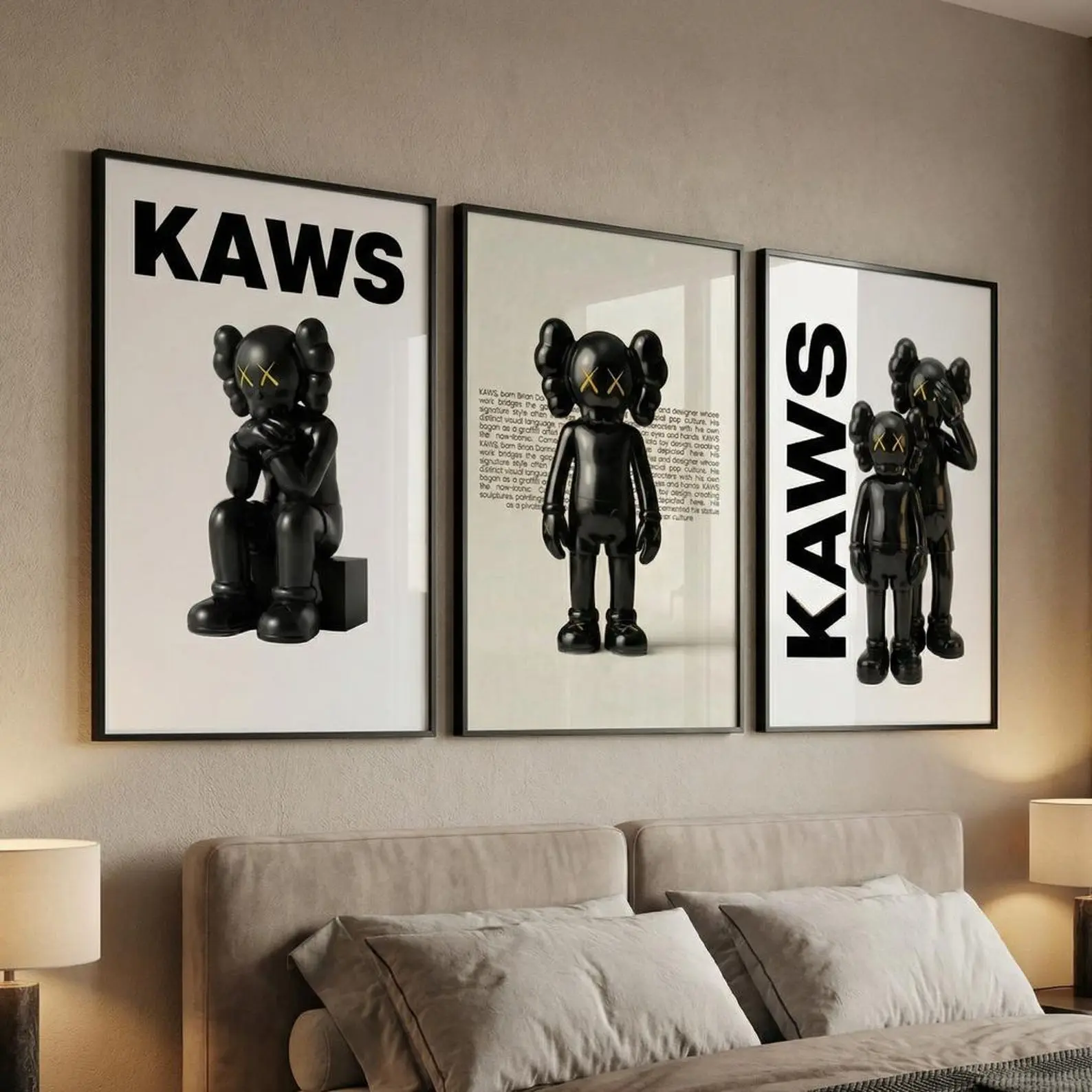 Set of 3 Black KAWS Poster Print Unframed | Hypebeast Wall Art,Modern Room Decor,Street Art Print, Minimal Kaws Art,Sneaker Wall Art