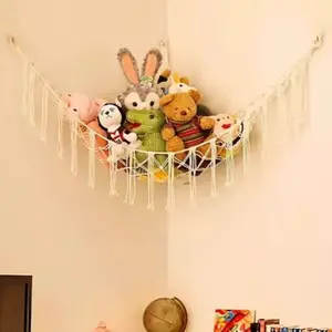 Toy Storage Net Bag, Size 42.5inx51in, Wooden Ring Triangle Mesh Basket, Boho Room Decor, Home Organization Rack