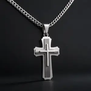 【AMKMAX】Men’s Stainless Steel Cross Necklace – 3 Layered Cross Pendant, Durable & Hypoallergenic, Everyday Faith Jewelry Gift for Him men chain men's