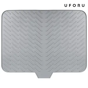 UFORU  Large Silicone Dish Drying Mat, Gray Waterproof Kitchen Countertop Drain Mat with Sloped Drainage Spout, Heat Resistant Sink Mat for Plates, Bowls, Cups, Utensils, Fruits and Vegetables#SummerWins#dealsforyou