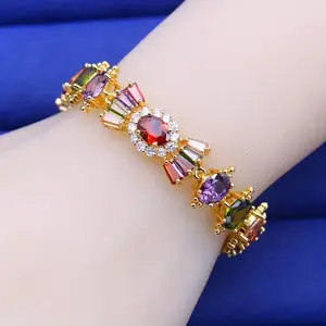 1pc Vintage 18K Golden Plated Jewelry Multicolor Cubic Zirconia Tennis Design Bracelet Jewelry for Women - December Birthstone Gift Valentine’s Day  Christmas Present Everyday Elegance Engagement Jewellry