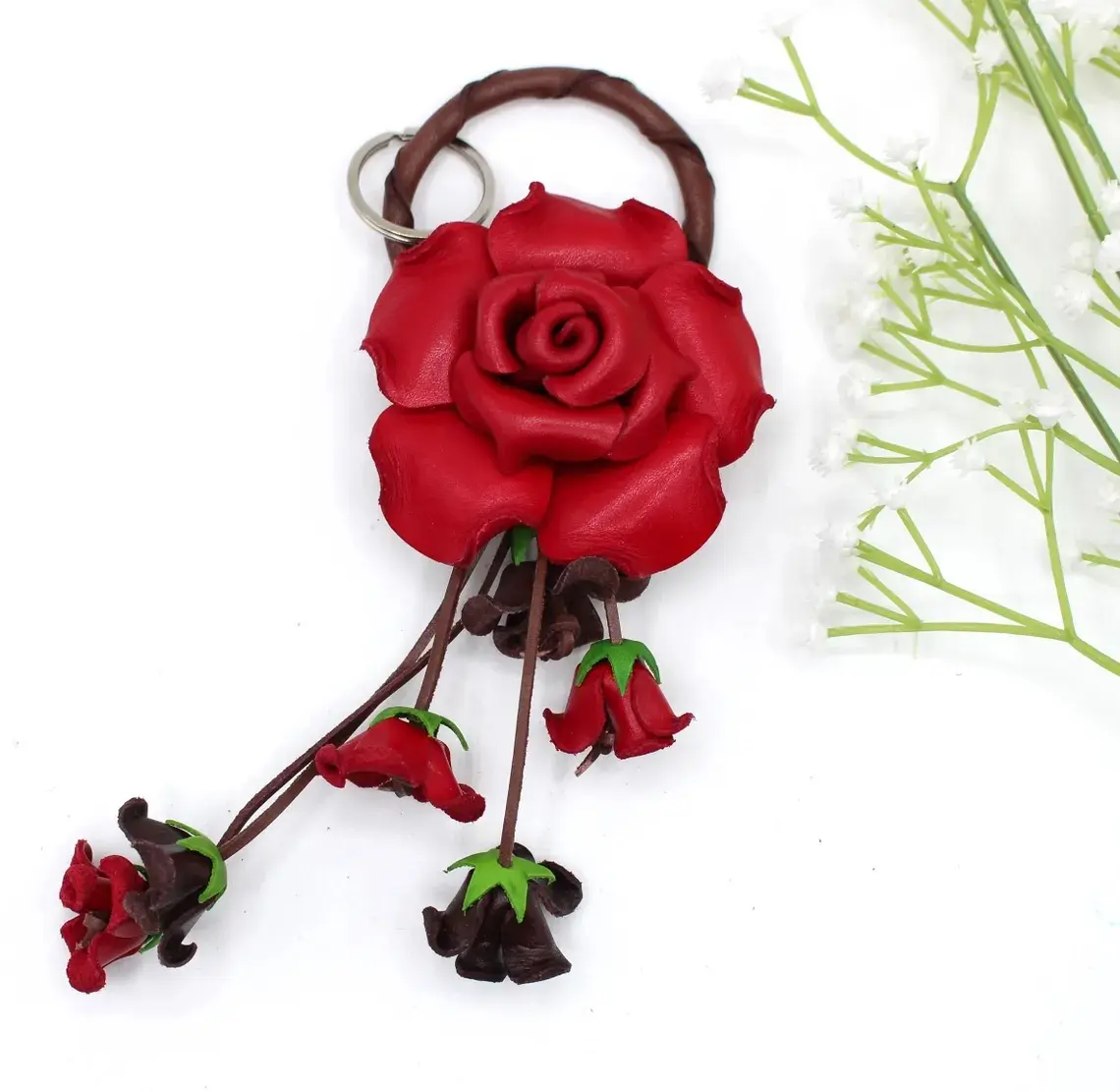 Genuine Leather Handmade Rose Flower Keychain, Handbag Charm, Red Purse Charm, Original Hand-Painted Craft Automobile Accessory
