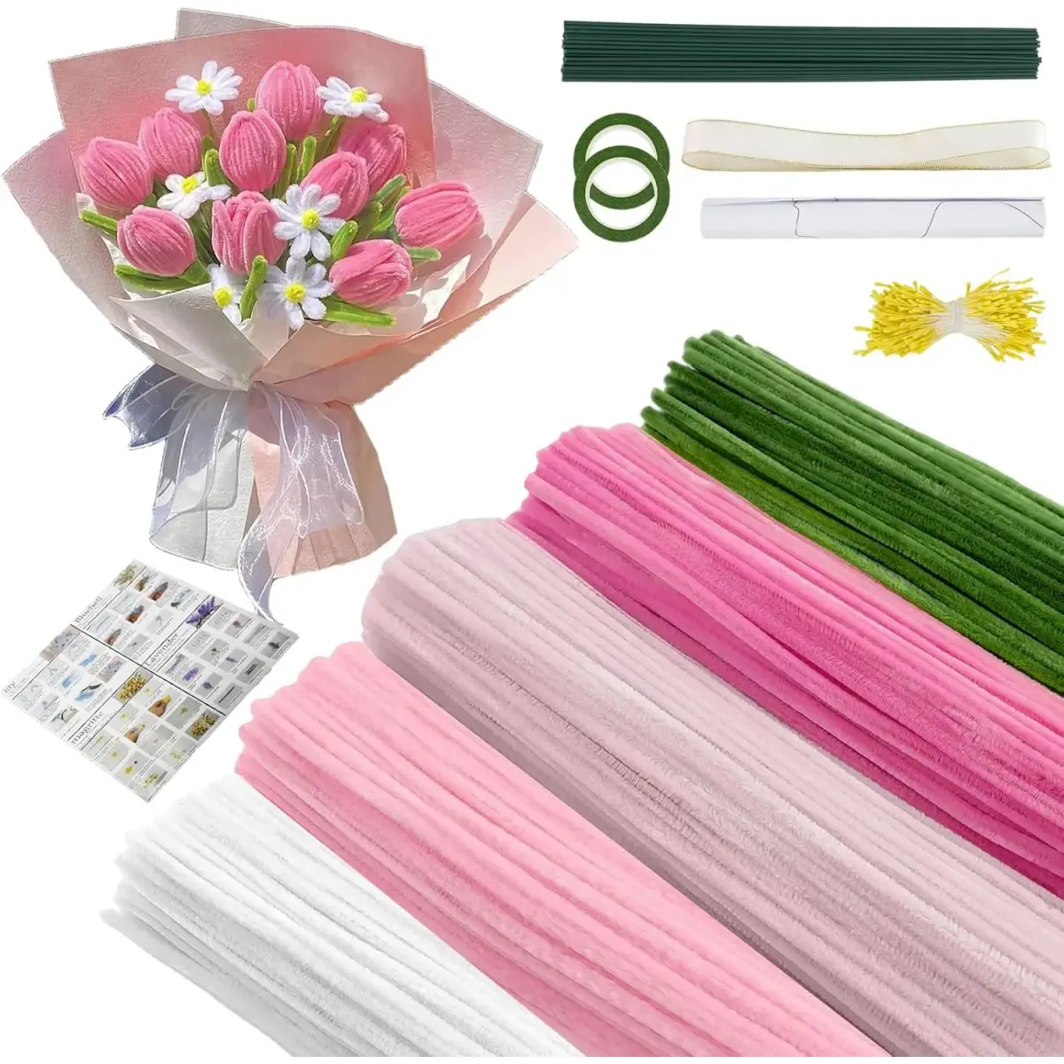 500 Pcs Pipe Cleaner Flower Making Kit, DIY Flower Bouquet Craft Kit with Chenille Stems, Flower Stems, Floral Tape, Stamen, Ribbon & Wrapping Paper, 5 Colors