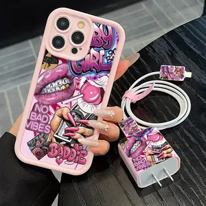 Lipstick and dollar bill pattern high-quality pink anti-drop phone case and protective cover + charger anti-fracture and anti-biting cable protector suitable for Apple phone models. Durable anti-drop protective case, perfect gift for festivals.