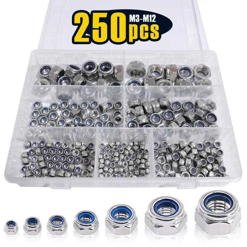 250 Pcs Lock Nuts, Assorted Sizes Metric Nut Assortment Kit, Nylon Insert Lock Sets, Stainless Steel Standard Threaded Nylock Nuts