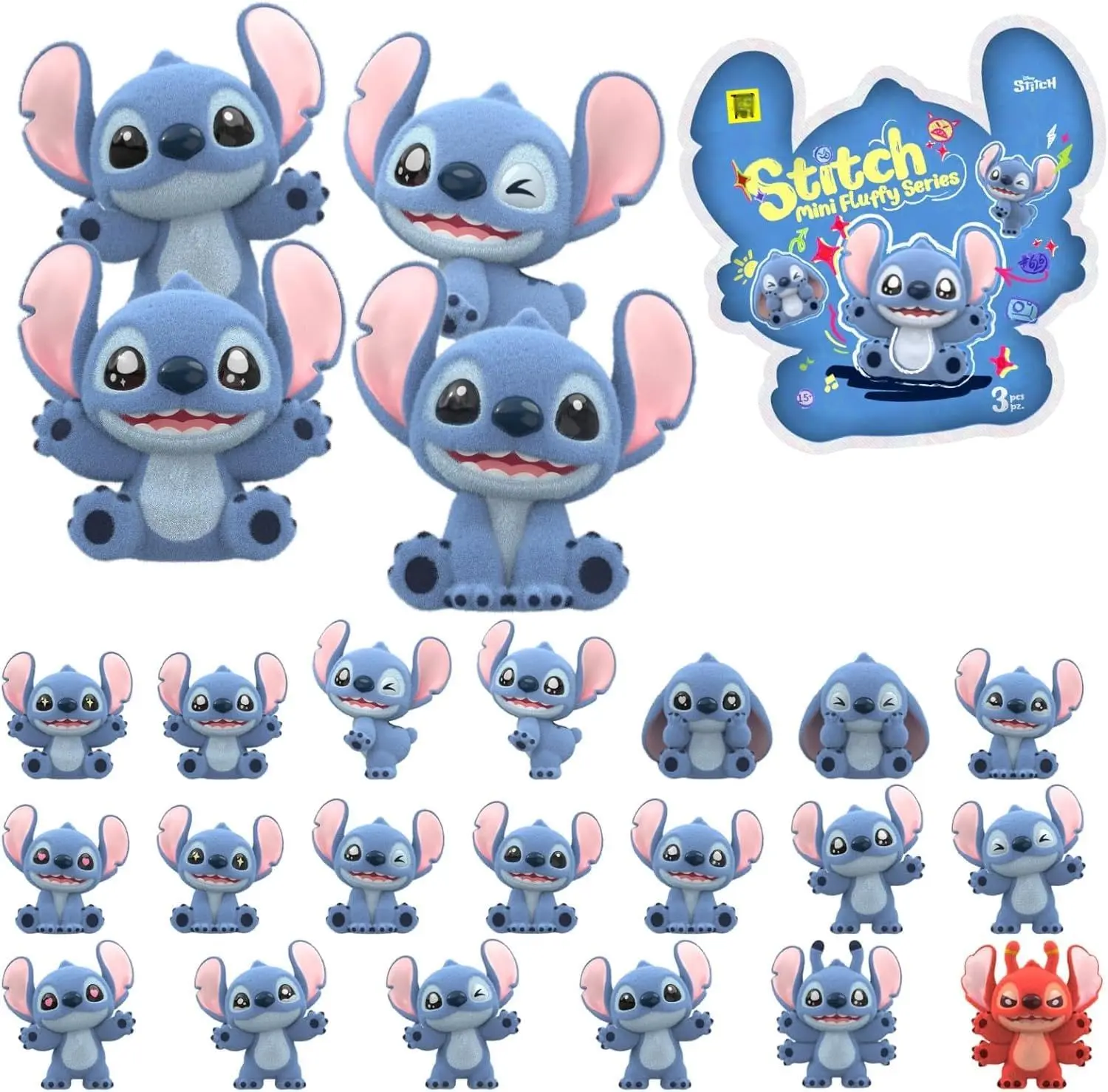 MINISO Disney Stitch Paper Blind Bag, 1 Pack with 3 Mini Flocked Figures Inside, 2'' Kawaii Blind Box Collectible Stress Relief Toy, Cute Friendship Gift for Kids, Paper Blind Bags