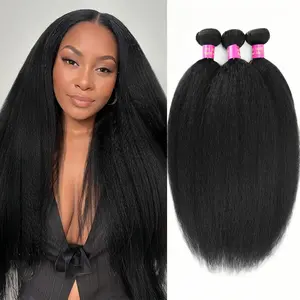 Kinky Straight Bundles Human Hair Yaki Straight Human Hair 3 Bundles 12A 100% Unprocessed Brazilian Virgin Remy Hair Kinkystraight Bundles For Women Natural Black Color