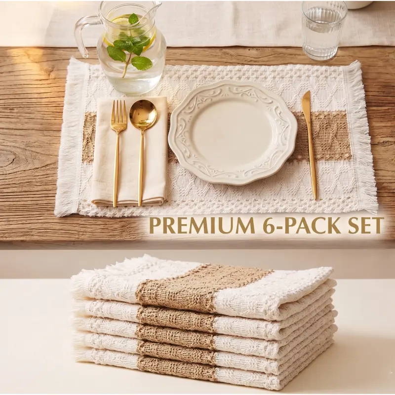Bohemian Macrame Placemats Set of 4 - Eco-Friendly Cotton Thick Natural Woven Farmhouse Table Mats with Fringes, Heat-Resistant Washable Kitchen Tableware for Birthdays & Casual Use