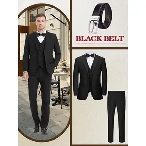 Men’s 4-Piece Classic Business Suit Set: Blazer, Vest, Pants & Belt – Stylish Lapel, Comfortable Fit, Premium Quality, Perfect for Weddings, Parties, Business & Special Occasions