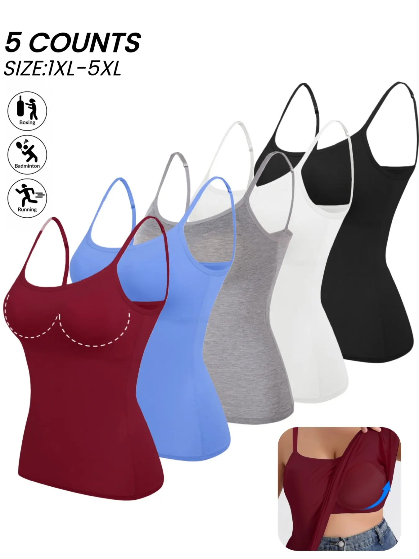 5-Pack PLUS SIZE Women's Adjustable Spaghetti Strap Round Neck Sleeveless Camisole - Comfortable Padded Tank Tops for Yoga, Fitness, Casual Summer Sleeveless, and Everyday Wear -Tube, Built in Bra Vest, All Seasons, Underwear