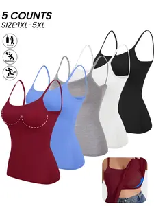 5-Pack PLUS SIZE Women's Adjustable Spaghetti Strap Round Neck Sleeveless Camisole - Soft, Comfortable Padded Tank Tops for Yoga, Fitness, Casual and Everyday Wear -Tube, Womenswear,Built in Bra Vest,All Seasons, Underwear