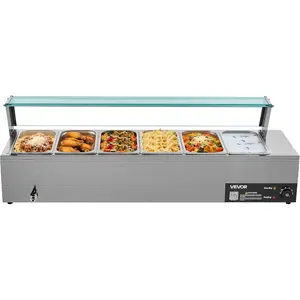 VEVOR Commercial Food Warmer, 1500W Electric Stainless Steel Steam Food Warmer with Glass Cover, 6x 1/2 Size Pans Buffet Bain Marie with Soup Perforated Ladles, for Catering, Restaurant Party