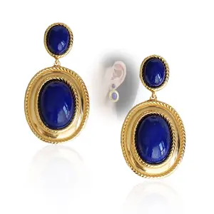 Vintage Lapis Lazuli Turquoise Gold Plated Navy Blue Gemstone Oval Drop Earrings, 925 Sterling Silver Blue Gemstone Jewelry Gifts for Women Christmas Birthday Valentine's Day