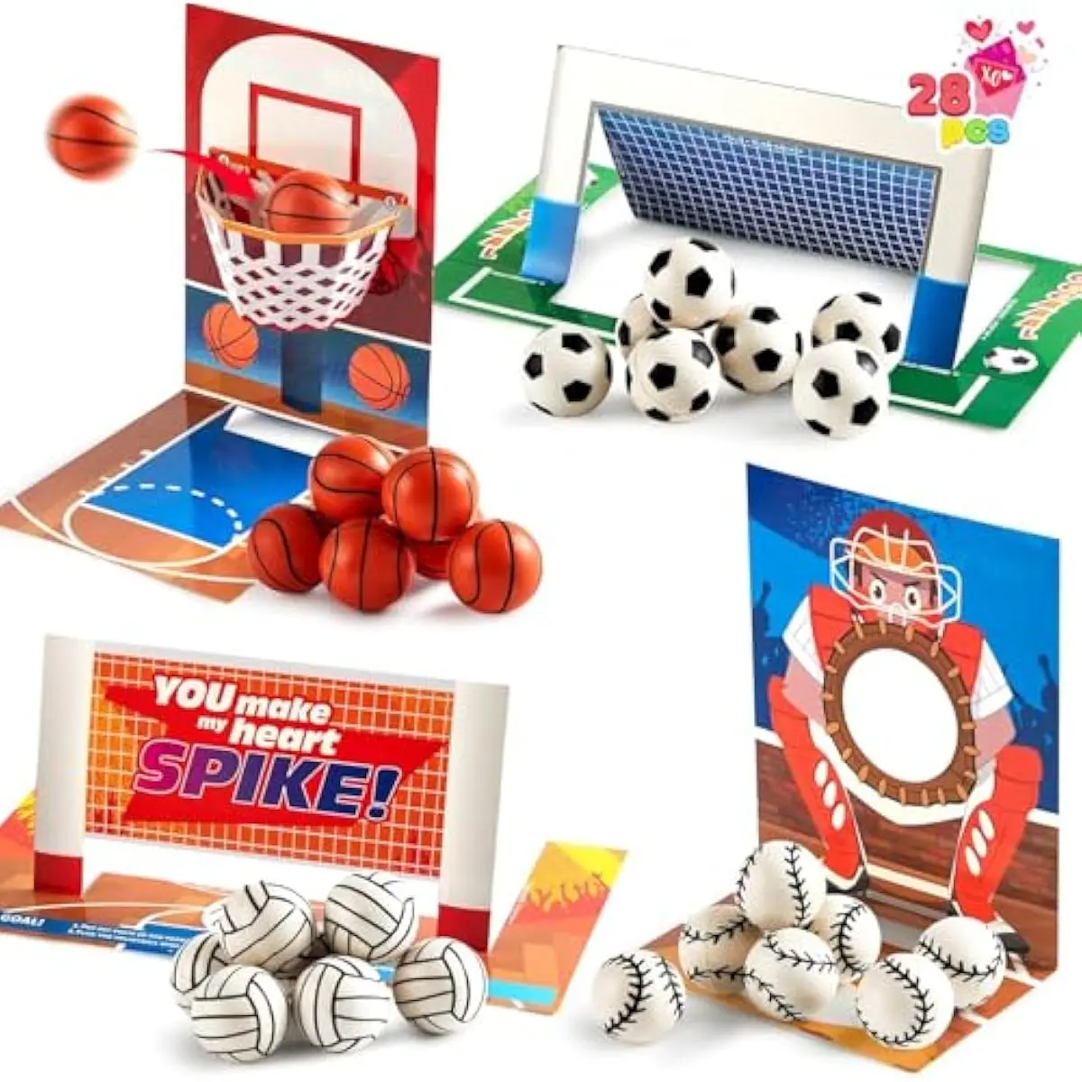 28 PCS Valentines Day Cards with Soccer Football Volleyball Basketball for Kids Valentine's Classroom Exchange, Valentine's Party Favors, Valentines Day Games Toys, Sports Game Cards