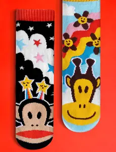 Paul Frank Julius & Clancy Mismatched Socks - Summer Cartoon Y2K Unisex Crew-Length Tube Socks for Adults - Colorful Monkey & Giraffe Designs - OEKO-TEX Certified