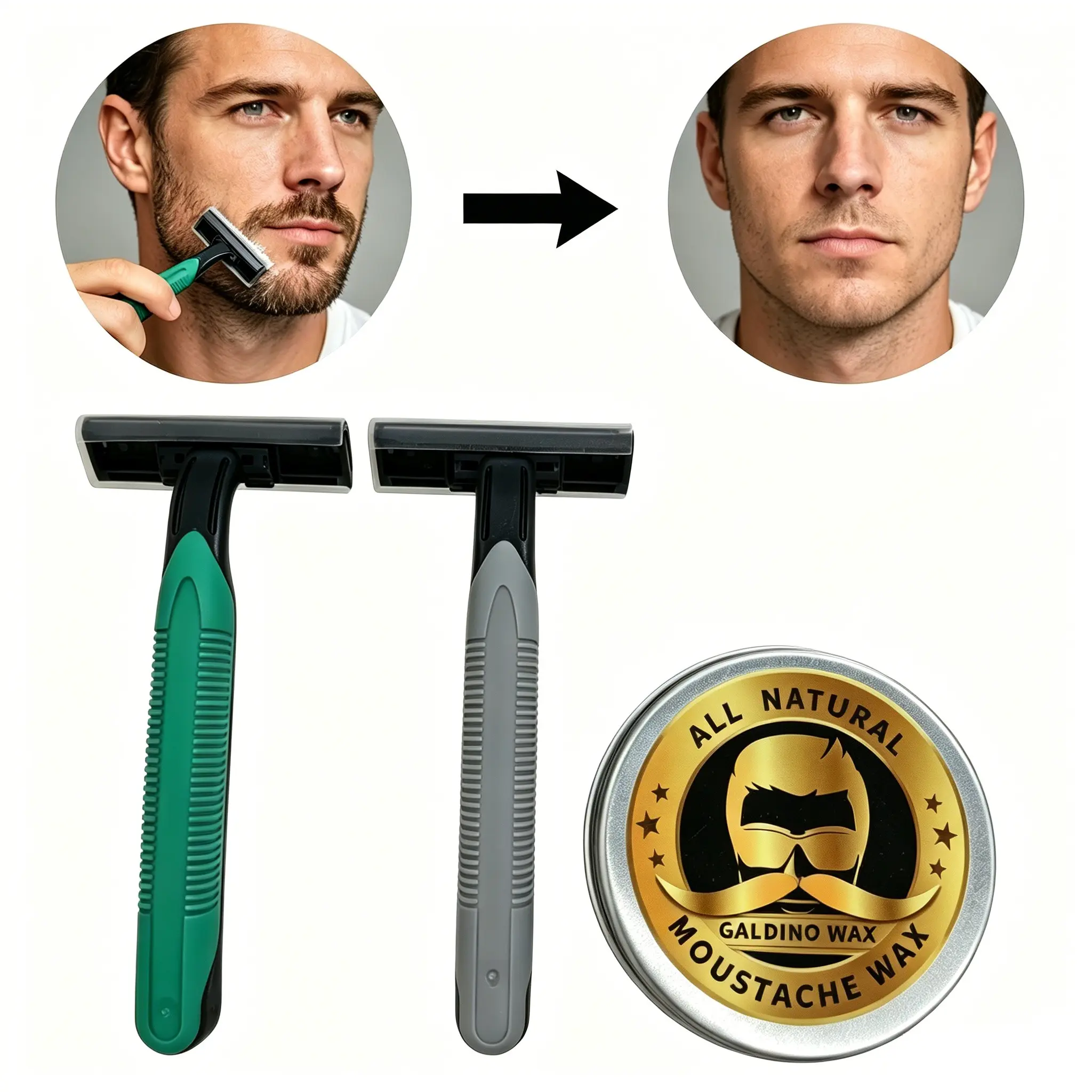 Men's Portable Shaving Kit, Includes 2pcs Razor + Beard Wax, Achieve Clean Close Shave, Long-Lasting Natural Beard Wax, Perfect for Styling