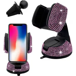 Bling Car Phone Holder, 360°   Adjustable Rhinestone Shiny Dashboard Phone Stand, Universal Crystal Phone Mount Holder for Windshield Air Outlet, Bling Phone Holder for Women (Pink)
