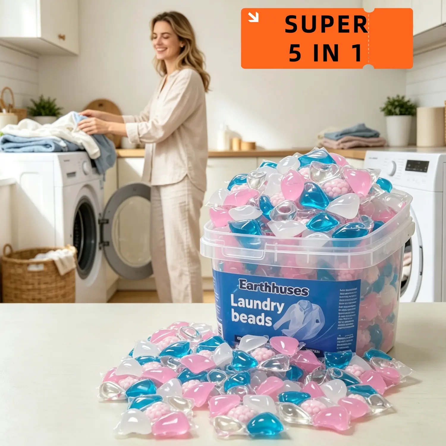 5-in-1 Concentrated Laundry Beads (19pcs, 29pcs, 59pcs Options) - Active Ingredients, Deep Cleaning, Stain Removal, Long-Lasting Fresh Scent, Low Foam, Easy Floating, Softening, Anti-Static Household Cleaner