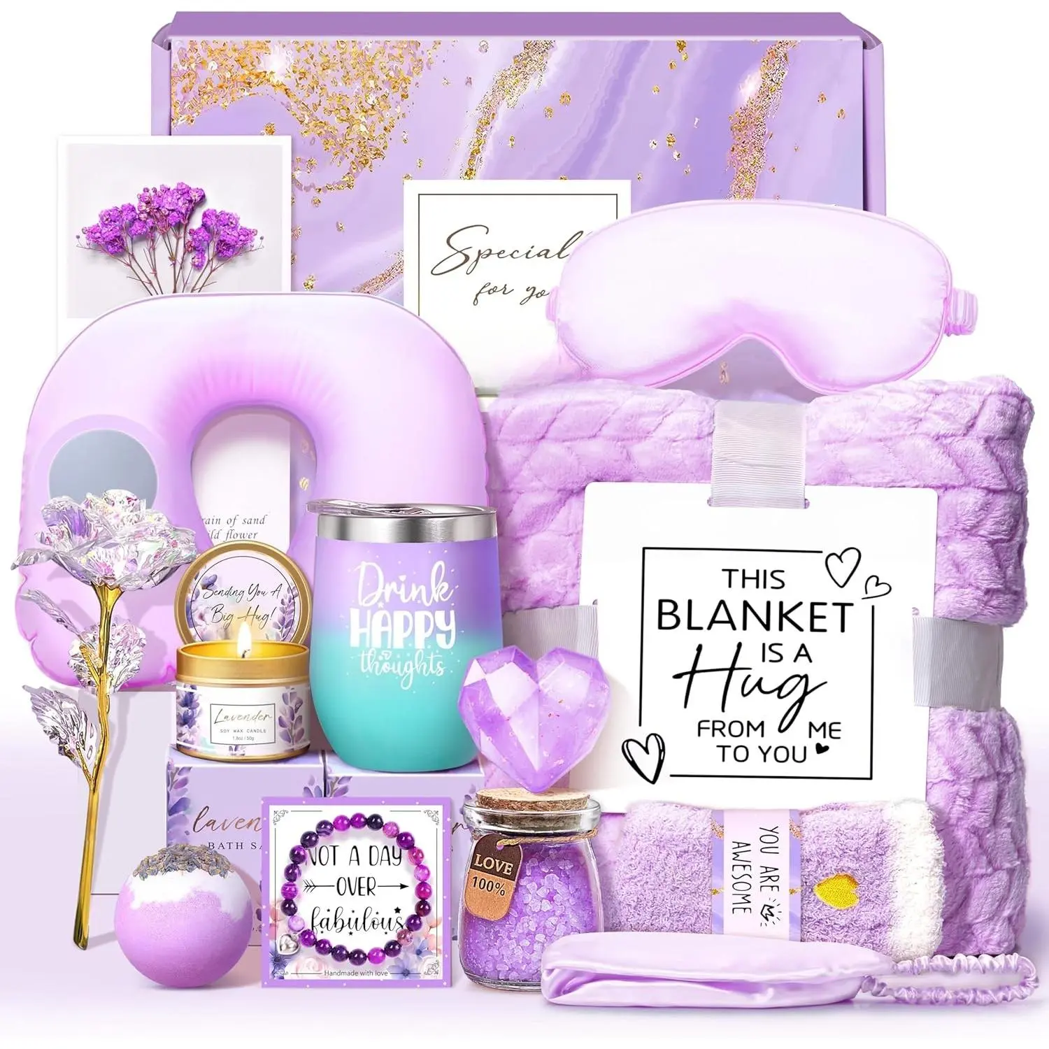 Lavender Relaxing  Basket for Women - Self Care & Get Well Soon Gifts with Eye Mask, Candles, and Decorative Accessories