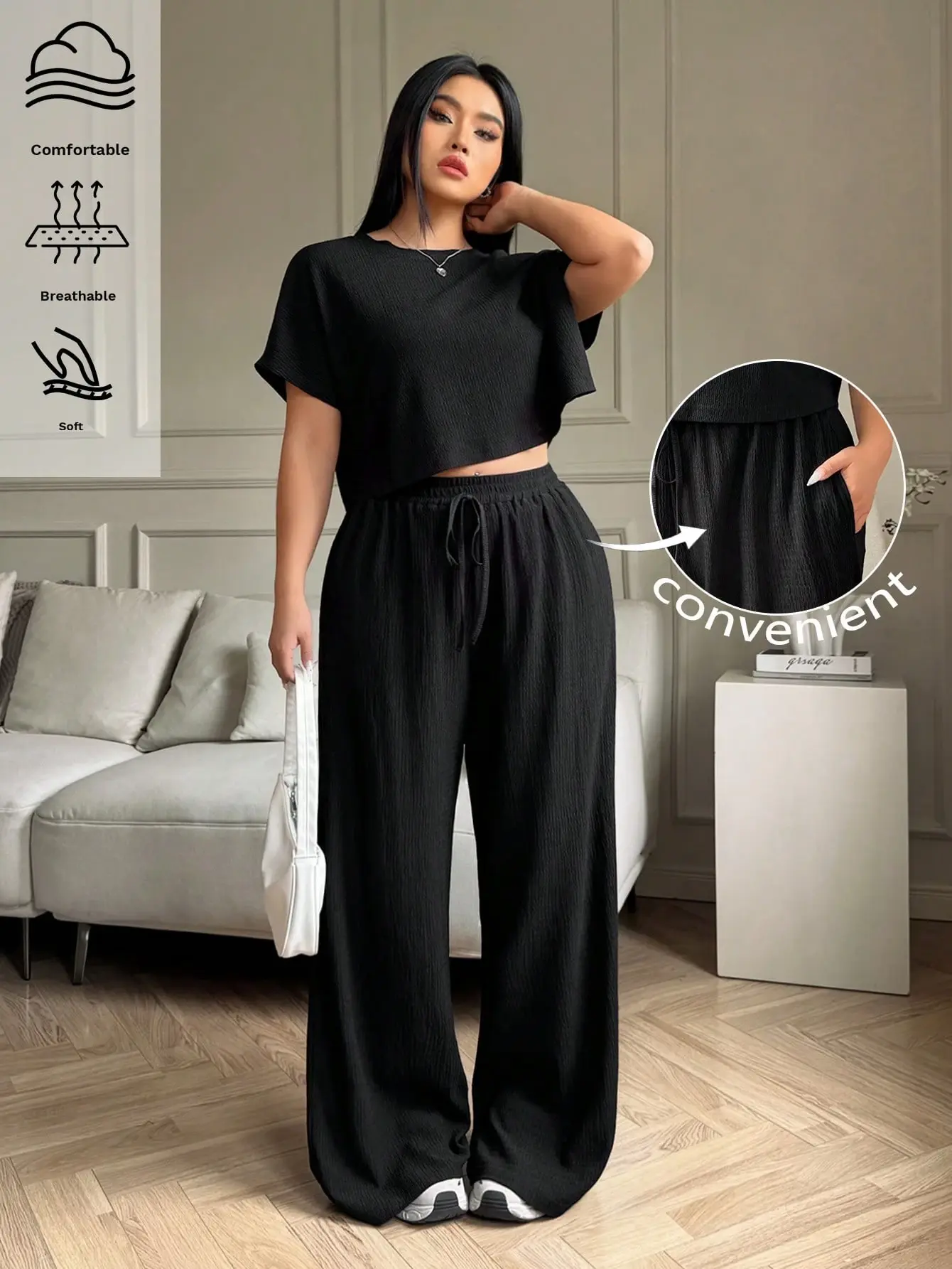 LALUZ Plus Size Everyday Loungewear 2 Piece Set Solid Crew Neck Short Sleeve Top Long Pants Cool Feeling Outfit