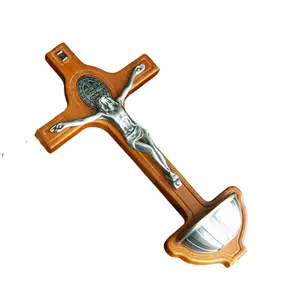 Wooden Wall Mounted Holy Water Font with Crucifix, St. Benedict Medal Catholic Orthodox Religious Decorations, 8.46" Jesus Cross Holy Water Bowl for Home Church Entryway, Christian Gift for Baptism Housewarming, Red/Brown 2 Colors Available