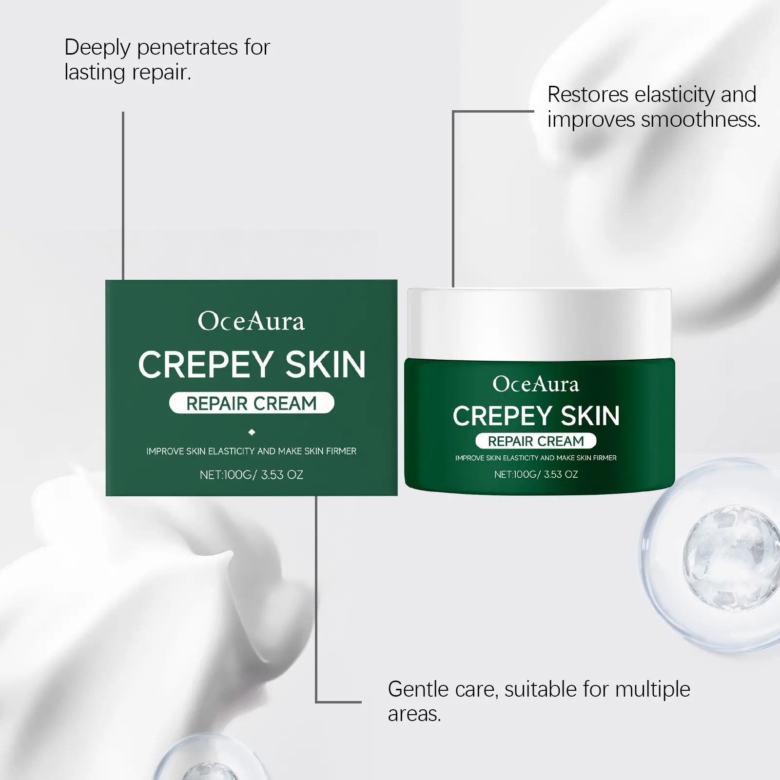 Crepey Skin Repair Cream with Hyaluronic Acid & Collagen - Firming Daily Moisturizer for Deep Hydration, for Face, Neck, & Body, 3.53 oz, Hydrate, 100G, All Areas, Multiple Areas, Firms Skin Moisturizers & Mists