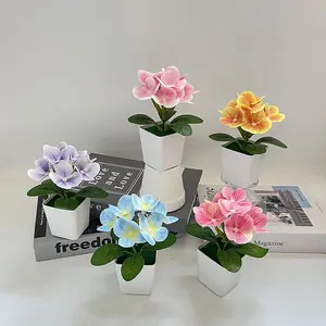 5 Pcs Macaron Color Artificial Hydrangea Planters, Gradient Fabric Flowers, Small Square Pots, Realistic Fake Plants for Home Decor