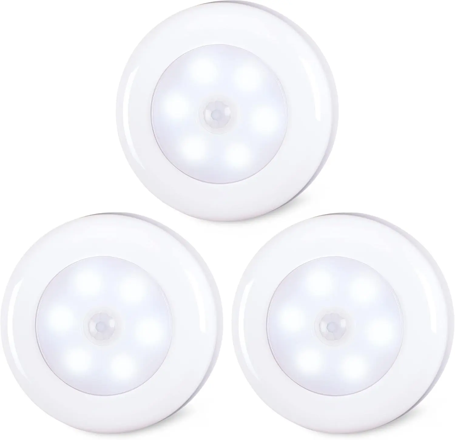 3-Pack 2.8" Motion-Sensor Tap Lights, Indoor AAA Battery-Operated Stick-On LED Puck Lights for Stairs, Under Cabinet, Cool White