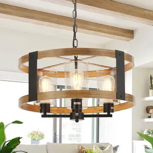 Farmhouse Chandelier, 20" Rustic Bronze Light Fixture with Glass Shade 4-Light Drum Lighting Fixtures Retro Pendant Lamp for Dining Room Foyer Living Room Entrance Kitchen Island Bedroom