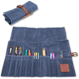 Compact Waxed Canvas  Brush Holder - Portable Art Bag for Painting  Drawing - Art Supplies Organizer - Storage Roll Bag for Artists (blue)