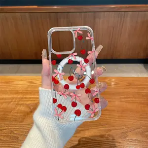 Cherry Bow Sweet Style Transparent Magnetic Phone Case/for iPhone 17 Air/16 Plus/15 Pro Max/14 Pro/13/12/11/Family Friend Birthday/Holiday Gift, Daily Protection Accessories/Impact Resistant/Drop-Proof/Simple/TMYKLCX35