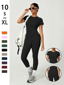 Women's High Waist Leggings & Soft Round Neck Short Sleeve Top Set, Sweatsuit Set, Comfortable Daily Wear for Home & Sport, Fitness Outfits, 2-Piece
