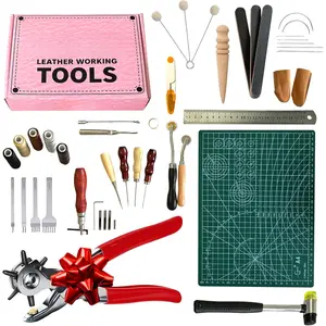 MUKIS Leather Working Tools Kit - 46-Pc Set with Leather Hole Punch, Adjustable Groover | Awl Tool and Stitching Prongs -  Leathe Sewing Kit and Leathe Repair Kit for Furniture