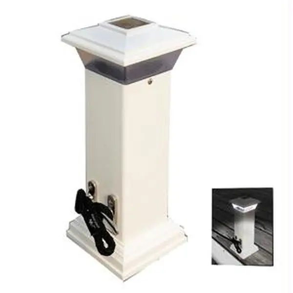 Solar Dock Light, 12 Inch Colonial Style Vinyl Pillar-Mount with Stainless Steel Mooring Cleat, Wireless Illumination for Boats and Docks, Solar Light, Batteries, Cleatlite Solar Dock Light