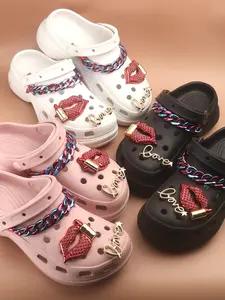 6pcs/set Women's Punk Style Clogs Decoration, Trendy Novelty Chain & Lipstick & Letters & Heart Design Shoes Decorations, Shiny Fashionable Shoes Charms for Clogs DIY