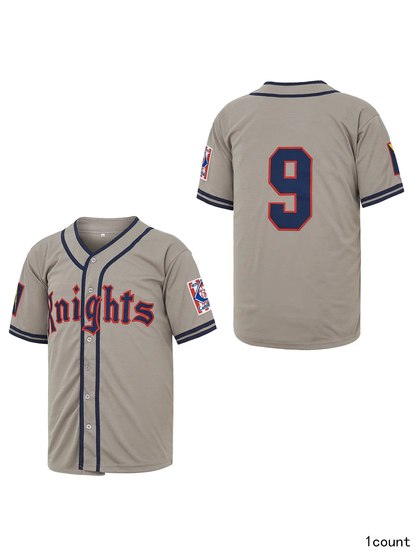 Men's Polyester Mesh Baseball Jersey, Roy Hobbs #9 The Natural Movie Replica with Stitched New York Knights Lettering, Grey, Polyester Mesh Men's Baseball Tops