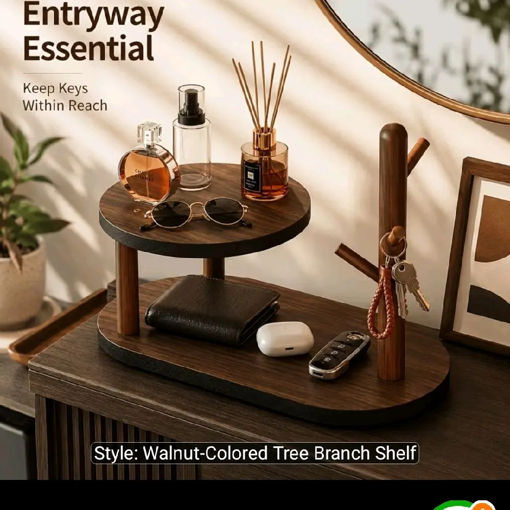 2-Tier Walnut Organizer with Tree-Branch Hooks & Rounded Edges - Wood Shelf Suitable for Entryway, Vanity, Desk - Rustic Space-Saving Decor with Rounded Corners, Multi- Storage for Keys, Jewelry, Cosmetics, Stationery, Coffee, Tea, Home Essentials