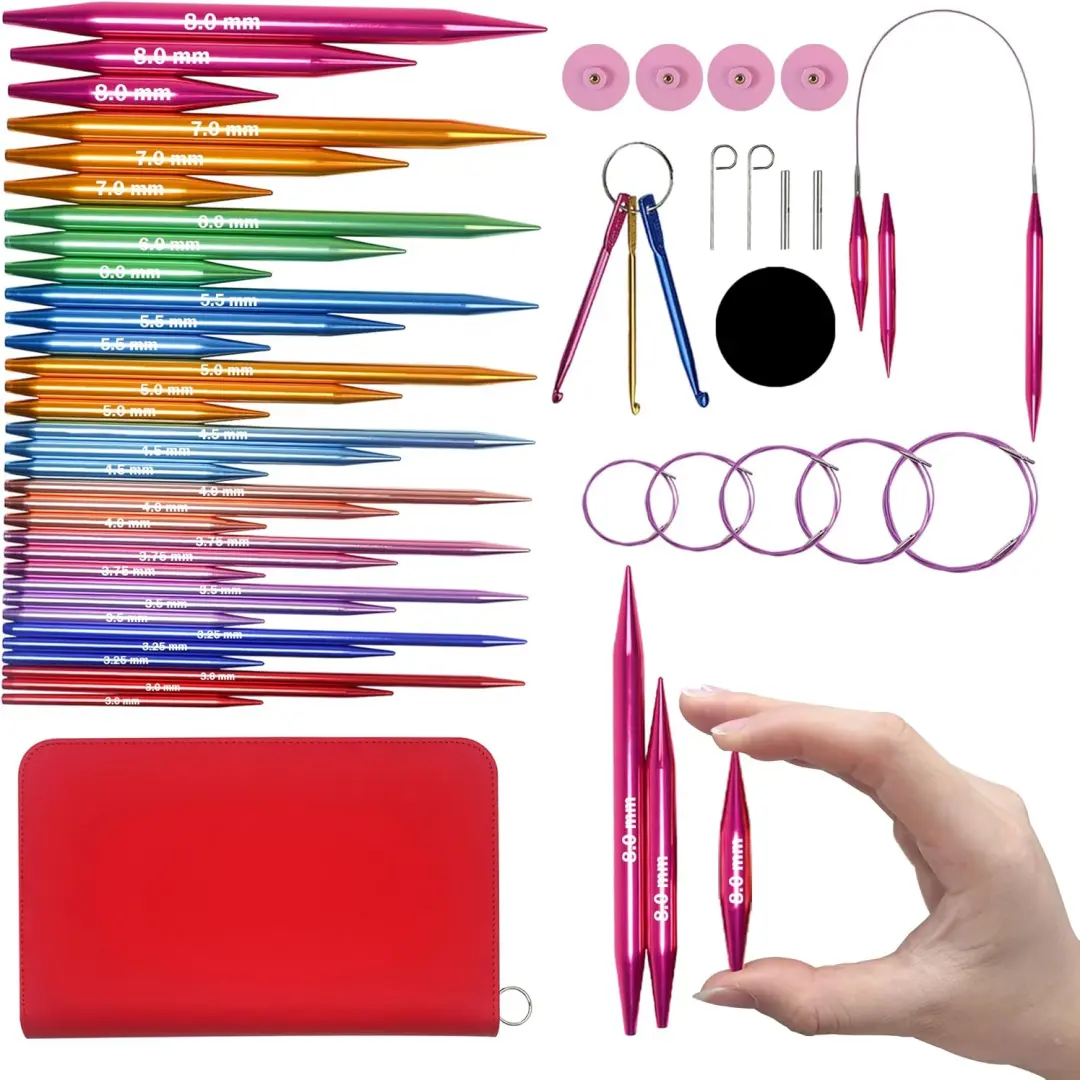 Circular Knitting Needles Set with Case,11 Pairs Interchangeable Aluminum Circle Needles with 5 Cables 3.0~8.0mm Multicolored