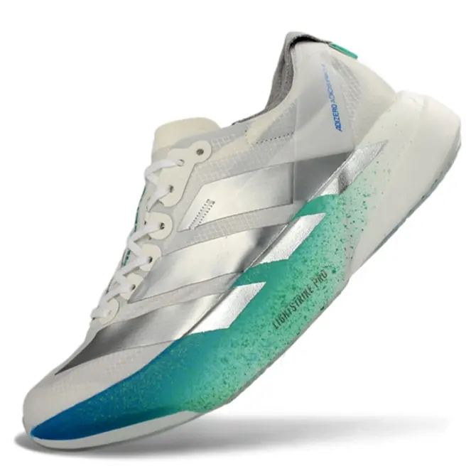 White Mesh Racing Running Shoes, Silver Side Stripes Gradient Teal Green Shock Foam Midsole Lightweight Unisex Performance Sneakers