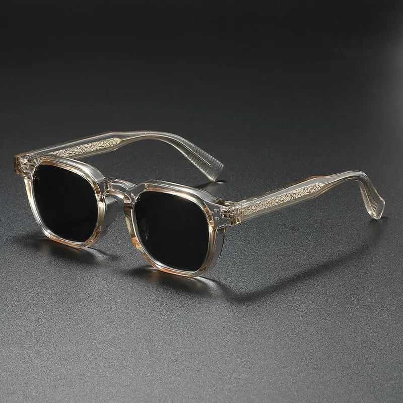Trendy Casual Sunglasses for Women, Unisex Square Acetate Street Style Frames with Transparent Brown Tint and Engraved Temples, Street Style Sunglasses, Accessories For Women, Men's Accessories, Stylish Accessories