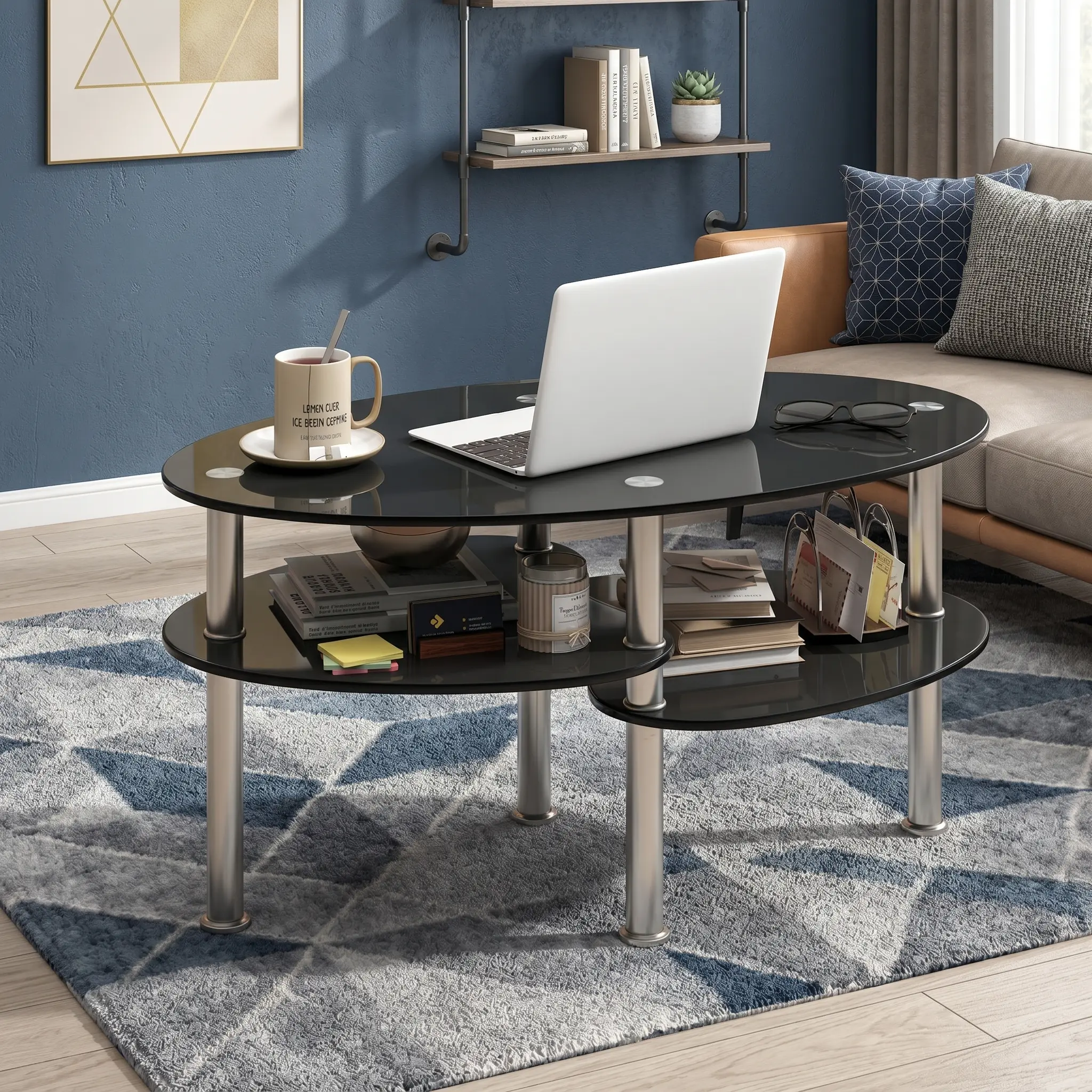 Irregular Oval Tempered Glass Coffee Table - Casual, Child-Friendly, Curved, Elevated, Flat-Top, Sturdy Metal Base, Storage Shelf, 35.5x20x18in Modern Indoor Furniture, Easy-Setup for Living Room, Bedroom, Casual Coffee Tables, Child-Friendly Coffee Table