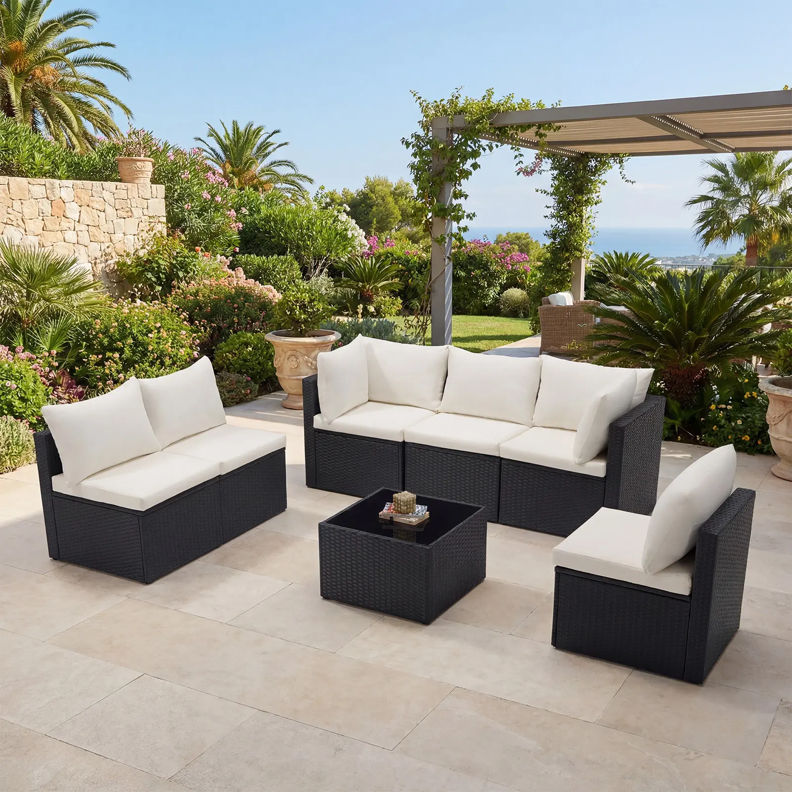 7 Piece Outdoor Patio Sectional Sofa, Modular Wicker Furniture Set with 2.8" Thick Cushions, Adjustable Feet, All-Weather Rattan Outdoor Couch for Backyard, Deck, Garden, Poolside 7 Piece Outdoor Patio Sectional Sofa, Modular Wicker Furniture Set with 2.8" Thick Cushions, Adjustable Feet, All-Weather Rattan Outdoor Couch for Backyard, Deck, Garden, Poolside