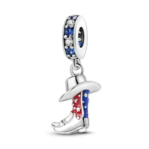 MULA 925 Silver Plated Cowboy Boot Pendant | American Flag Colors | Red, White and Blue Enamel with Shiny Zirconia | Western Punk Jewelry | Suitable for Pandora Bracelets and Necklaces