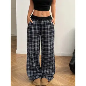 Women's Plaid Patchwork Loose-Fit Straight Leg Pants, Casual Comfy Baggy, Casual All-Season Wear, Comfortable Everyday, Versatile Graduation & Back-To-School Apparel