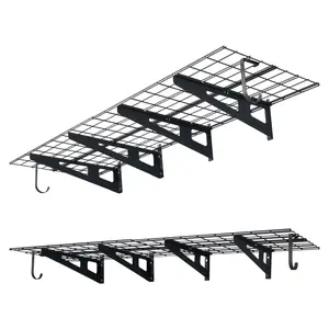 VEVOR 2-Tier Heavy Duty Wall Garage Shelving, 8 Pack 1 x 3 ft Steel Wall Mounted Shelving Unit with Hooks, 24 x 72 Inch Per Shelf Floating Storage Metal Rack, 1000 lbs Total Weight Capacity, Black