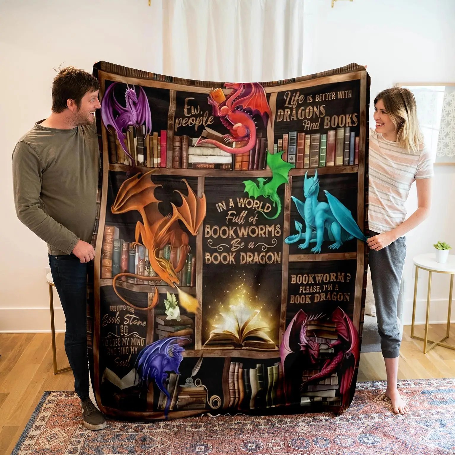 Book & Dragon Pattern Blanket, Modern Style Soft Comfortable Warm Throw, Washable Air-conditioned Room Nap Blanket for Home & Office, Christmas Gifts,