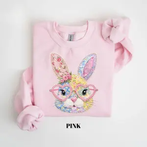 PRINT Floral Bunny Patchwork Gildan Sweatshirt, Retro Easter Graphic Crewneck, Cottagecore Gingham Spring Sweater, Trendy Easter Outfit